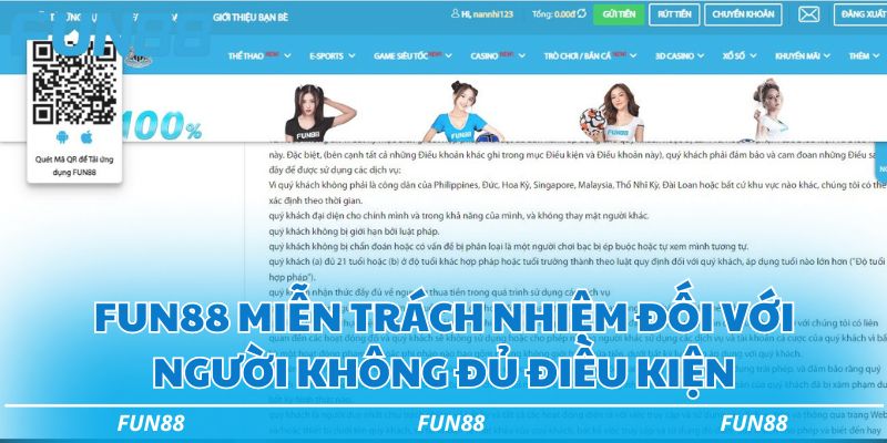 Fun88 miễn trừ trách nhiệm đối với người không đủ điều kiện